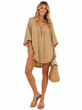 Malia Mills 100% Cotton Tan Oversized Plunge V-Neck Tunic Cover Up Dress EUC